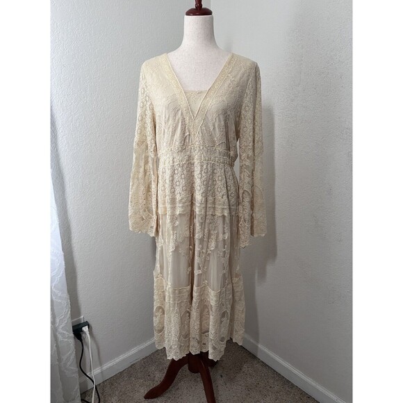 Reba Dresses & Skirts - Reba Midi Beige Antique Lace Dress Women Large Romantic Boho Long Sleeve
